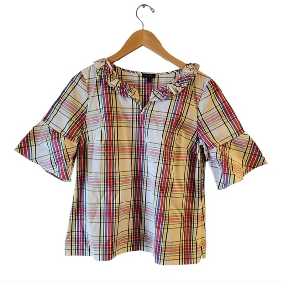 Talbots sz small plaid side zip ruffle collar plaid shirt flare sleeve WT310 - Picture 9 of 9